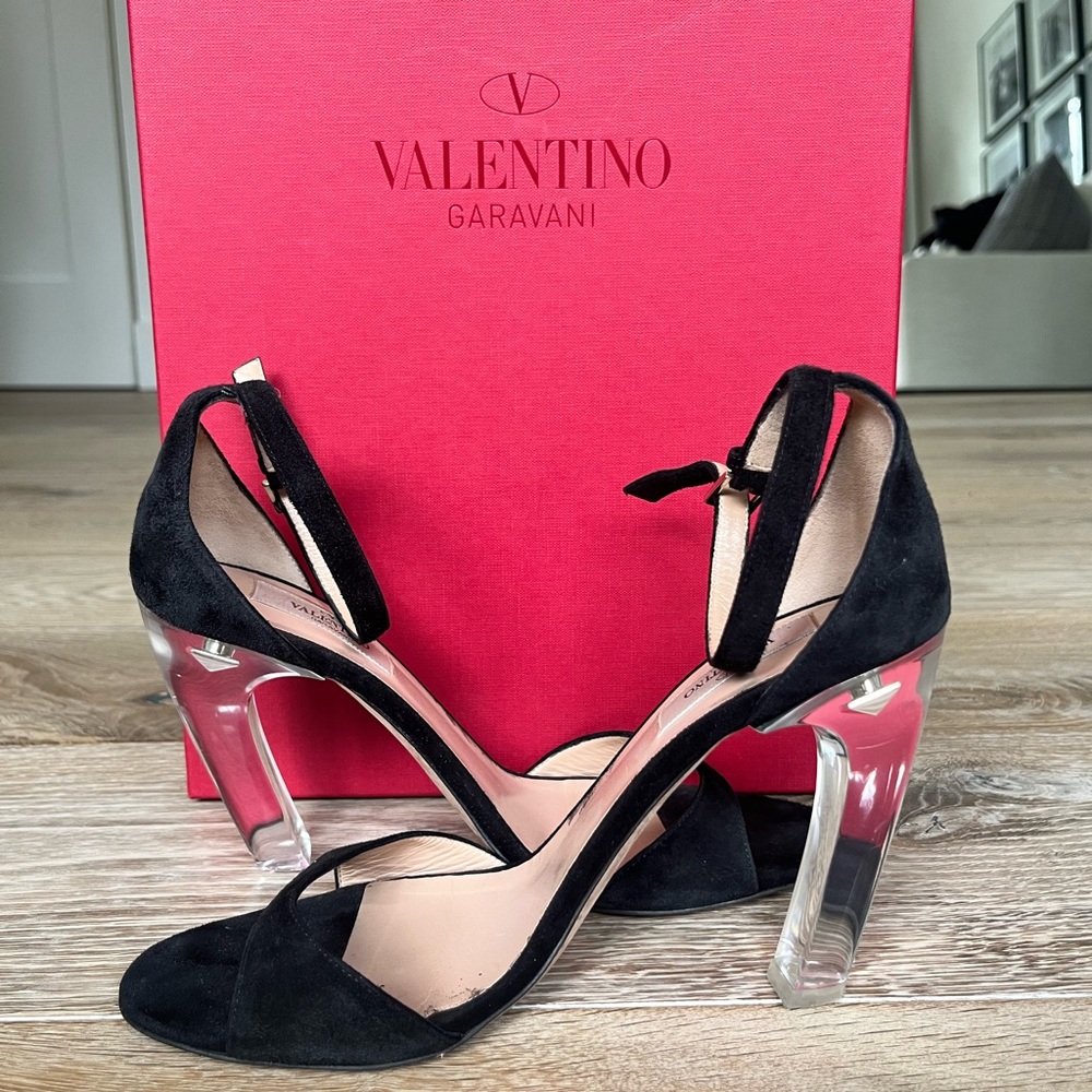 Valentino Garavani Black Suede Clear Block Heel Ankle-Strap Sandals